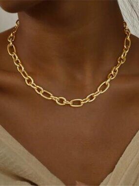Gold Necklace for Women - Chunky 14K Gold Plated Chain Necklace Oval Link